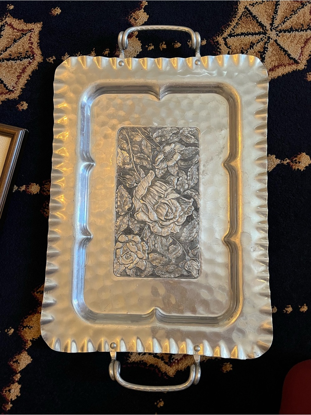 Vintage Cromwell Hand Wrought Aluminum Floral Embossed Serving Tray